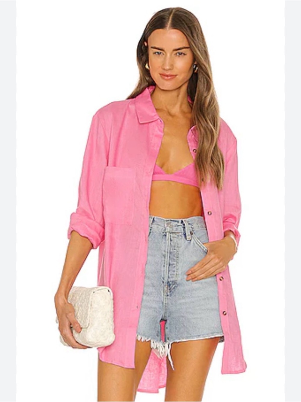 SNDYS Leo Linen Long Sleeve Button Down Shirt in Pink size 2